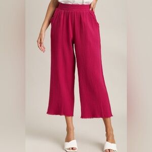Umgee Full Size Raw Hem Elastic Waist Wide Leg Pants🆕